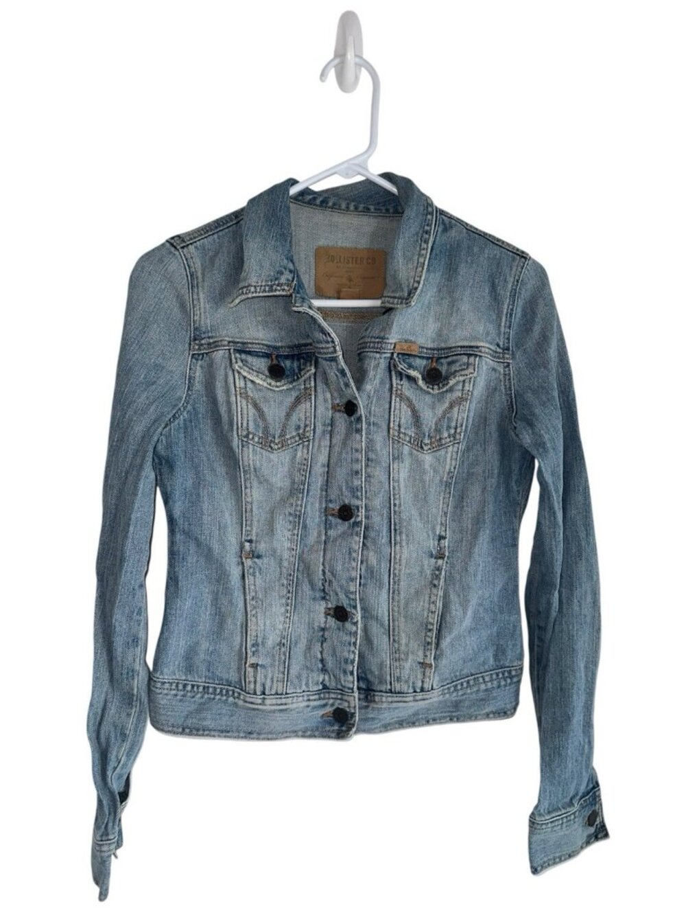Y2K Hollister Distressed Denim Jacket Small Cropped Light Wash Preppy Western